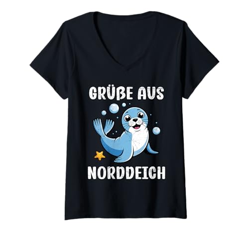 Damen Nordsee Urlaub GRÜSSE AUS NORDDEICH Lustiges Norddeich T-Shirt mit V-Ausschnitt von Norddeich Shirt Nordsee Urlaub Geschenk Wattenmeer