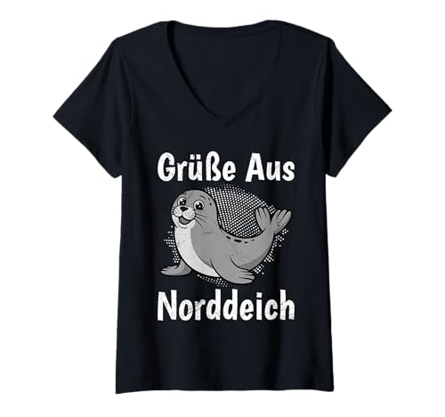 Damen Nordsee Urlaub GRÜSSE AUS NORDDEICH Lustiges Norddeich T-Shirt mit V-Ausschnitt von Norddeich Shirt Nordsee Urlaub Geschenk Wattenmeer