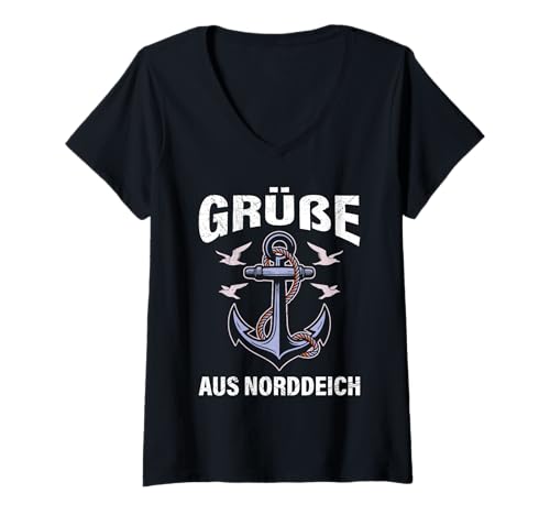 Damen Nordsee Urlaub GRÜSSE AUS NORDDEICH Lustiges Norddeich T-Shirt mit V-Ausschnitt von Norddeich Shirt Nordsee Urlaub Geschenk Wattenmeer