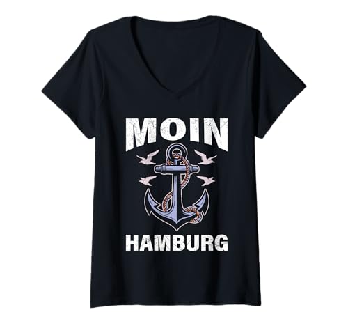 Damen Nordsee Urlaub Moin Hamburg Lustiges Norddeich T-Shirt mit V-Ausschnitt von Norddeich Shirt Nordsee Urlaub Geschenk Wattenmeer