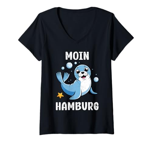 Damen Nordsee Urlaub Moin Hamburg Lustiges Norddeich T-Shirt mit V-Ausschnitt von Norddeich Shirt Nordsee Urlaub Geschenk Wattenmeer