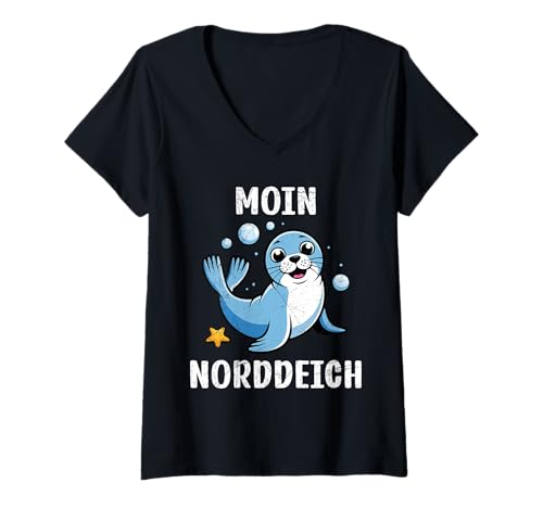 Damen Nordsee Urlaub Moin NORDDEICH Lustiges Norddeich Souvenirs T-Shirt mit V-Ausschnitt von Norddeich Shirt Nordsee Urlaub Geschenk Wattenmeer