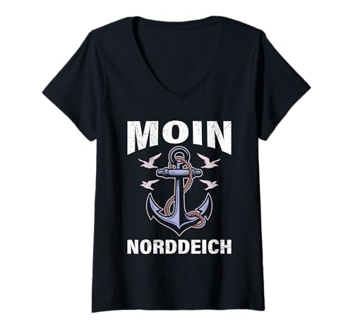 Damen Nordsee Urlaub Moin NORDDEICH Lustiges Norddeich Souvenirs T-Shirt mit V-Ausschnitt von Norddeich Shirt Nordsee Urlaub Geschenk Wattenmeer
