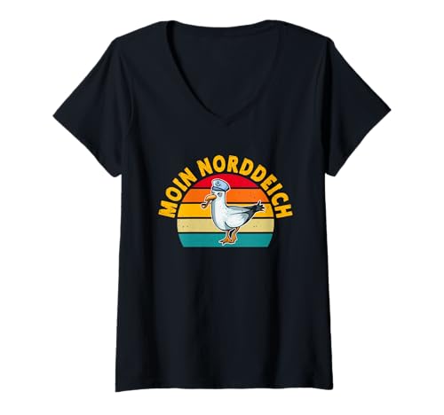 Damen Nordsee Urlaub Moin NORDDEICH Lustiges Norddeicher T-Shirt mit V-Ausschnitt von Norddeich Shirt Nordsee Urlaub Geschenk Wattenmeer