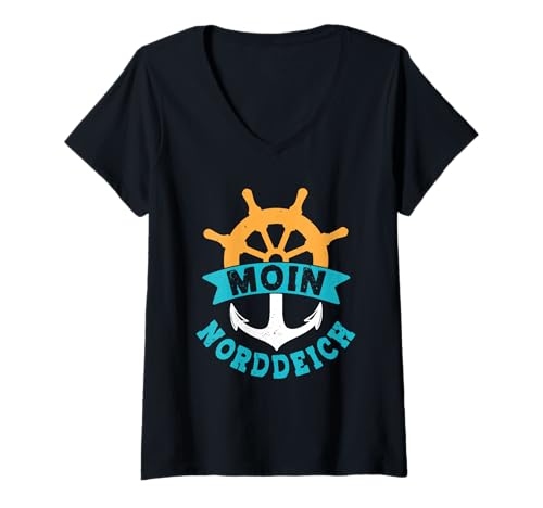 Damen Nordsee Urlaub Moin NORDDEICH Lustiges Wattenmeer T-Shirt mit V-Ausschnitt von Norddeich Shirt Nordsee Urlaub Geschenk Wattenmeer