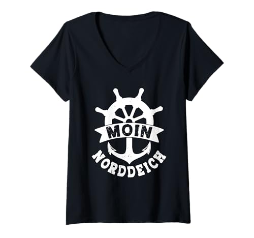 Damen Nordsee Urlaub Moin NORDDEICH Lustiges Wattenmeer T-Shirt mit V-Ausschnitt von Norddeich Shirt Nordsee Urlaub Geschenk Wattenmeer