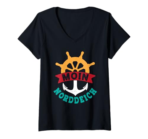 Damen Nordsee Urlaub Moin NORDDEICH Lustiges Wattenmeer T-Shirt mit V-Ausschnitt von Norddeich Shirt Nordsee Urlaub Geschenk Wattenmeer