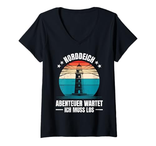 Damen Nordsee Urlaub NORDDEICH Abenteuer WARTET Norddeicher T-Shirt mit V-Ausschnitt von Norddeich Shirt Nordsee Urlaub Geschenk Wattenmeer
