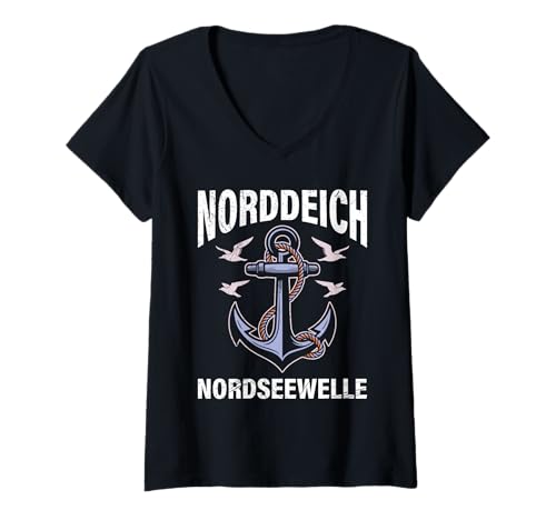 Damen Nordsee Urlaub NORDDEICH NORDSEE Welle Lustig Norddeich T-Shirt mit V-Ausschnitt von Norddeich Shirt Nordsee Urlaub Geschenk Wattenmeer