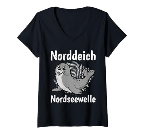 Damen Nordsee Urlaub NORDDEICH NORDSEE Welle Lustig Norddeich T-Shirt mit V-Ausschnitt von Norddeich Shirt Nordsee Urlaub Geschenk Wattenmeer
