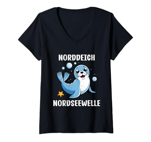 Damen Nordsee Urlaub NORDDEICH NORDSEE Welle Lustig Norddeich T-Shirt mit V-Ausschnitt von Norddeich Shirt Nordsee Urlaub Geschenk Wattenmeer