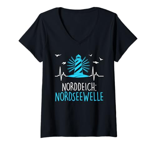 Damen Nordsee Urlaub NORDDEICH NORDSEEWELLE Lustig Norddeicher T-Shirt mit V-Ausschnitt von Norddeich Shirt Nordsee Urlaub Geschenk Wattenmeer