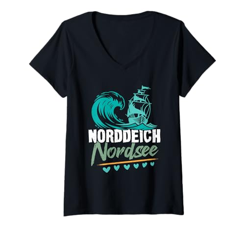Damen Nordsee Urlaub NORDDEICH OSTHOLSTEIN Lustiges Norddeicher T-Shirt mit V-Ausschnitt von Norddeich Shirt Nordsee Urlaub Geschenk Wattenmeer
