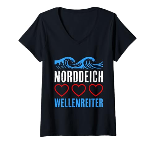 Damen Nordsee Urlaub NORDDEICH WELLENREITER Lustiges Norddeich T-Shirt mit V-Ausschnitt von Norddeich Shirt Nordsee Urlaub Geschenk Wattenmeer