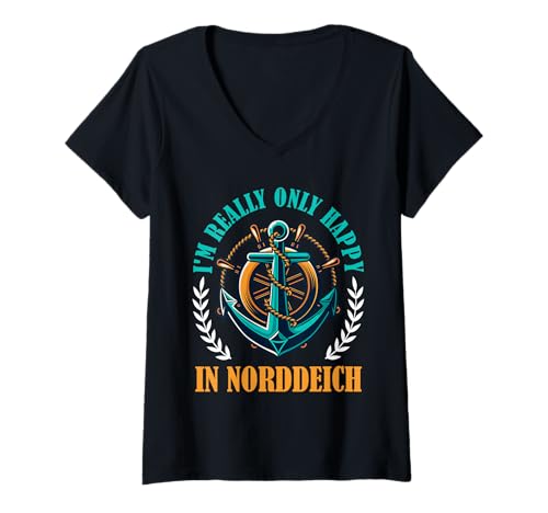 Damen Nordsee WIRKLICH GLÜCKLICH Bin ICH NUR IN NORDDEICH T-Shirt mit V-Ausschnitt von Norddeich Shirt Nordsee Urlaub Geschenk Wattenmeer