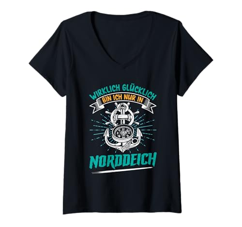 Damen Nordsee WIRKLICH GLÜCKLICH Bin ICH NUR IN NORDDEICH T-Shirt mit V-Ausschnitt von Norddeich Shirt Nordsee Urlaub Geschenk Wattenmeer