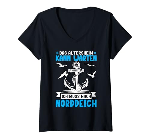 Damen Opa ALTERSHEIM KANN WARTEN MUSS NACH NORDDEICH Nordsee T-Shirt mit V-Ausschnitt von Norddeich Shirt Nordsee Urlaub Geschenk Wattenmeer