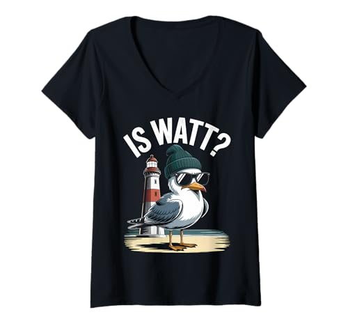 Damen is Watt Möwen Spruch Küstenhumor Plattdeutsch Norddeutsch T-Shirt mit V-Ausschnitt von Norddeutsche Küste, Möwen Leuchtturm & Humor