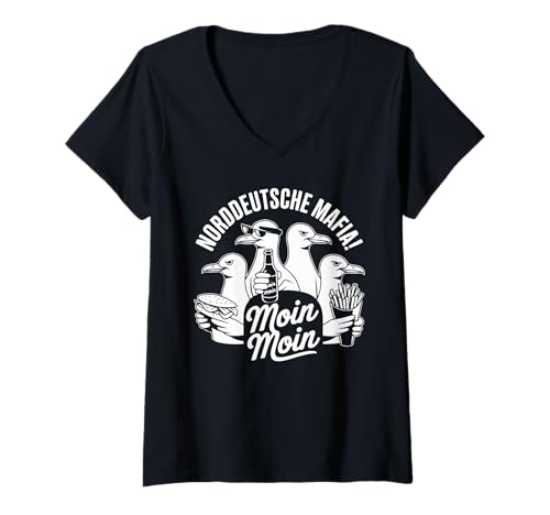 Damen Norddeutsche Mafia Möwen Bier Humor Spruch T-Shirt mit V-Ausschnitt von Norddeutsche Möwen Humor Küste Spaß