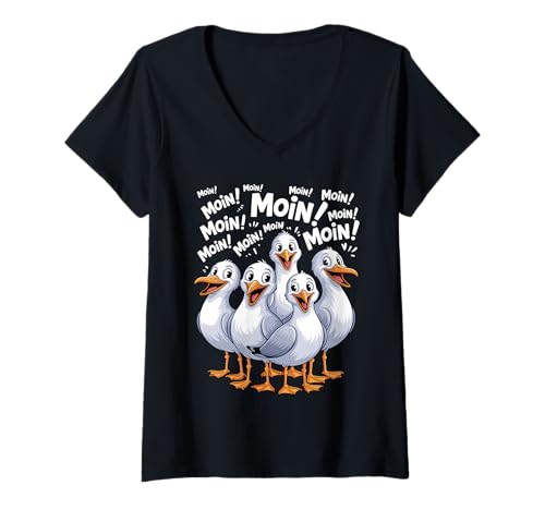 Damen Lustige Norddeutsche Begrüßung Moin Möwen Norddeutschland T-Shirt mit V-Ausschnitt von Norddeutscher Humor, Geschenke und lustige Sprüche