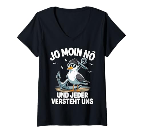 Damen Norddeutsche Möwen Sprüche Jo Moin Nö Norddeutschland T-Shirt mit V-Ausschnitt von Norddeutscher Humor – Geschenke & Lustige Sprüche