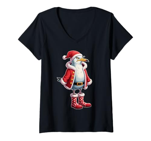 Damen Norddeutsche Weihnachtsmann Möwe Lustiges Ostsee Weihnachten T-Shirt mit V-Ausschnitt von Norddeutscher Humor Geschenke & Lustige Sprüche