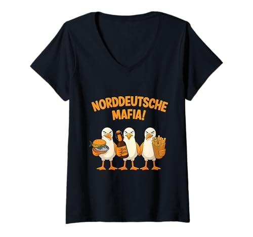 Damen North German Mafia Seagulls North Germany Low German Moin T-Shirt mit V-Ausschnitt von Norddeutscher Humor Geschenke & Lustige Sprüche