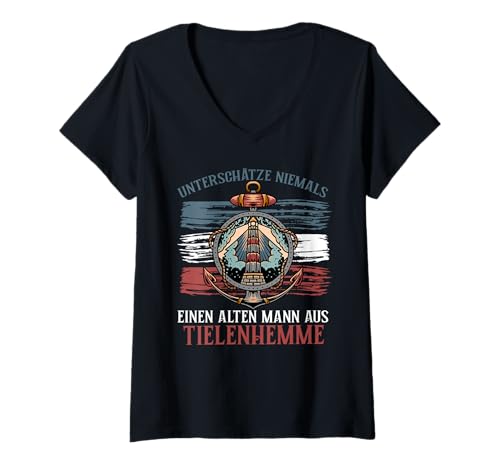 Damen Unterschätze Niemals einen Alten Mann aus TIELENHEMME T-Shirt mit V-Ausschnitt von Norddeutscher Humor Geschenkideen für Norddeutsche