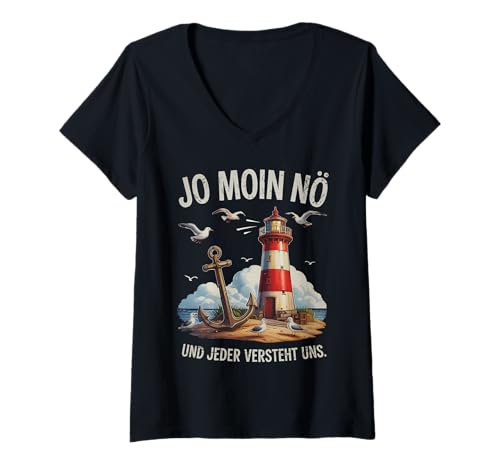 Damen Norddeutsche Möwen Anker Leuchtturm Jo Moin Nö Norddeutsch T-Shirt mit V-Ausschnitt von Norddeutscher Humor & Geschenke & Lustige Sprüche