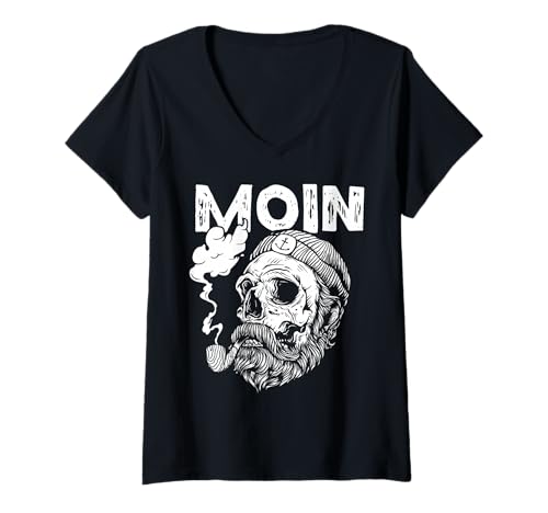 Damen Moin Seemann mit Pfeife - Norddeutscher Kapitän T-Shirt mit V-Ausschnitt von Norddeutschland Seefahrer Ostfriesland