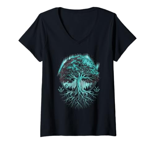 Damen Yggdrasil Viking T-Shirt mit V-Ausschnitt von Nordic Celtic