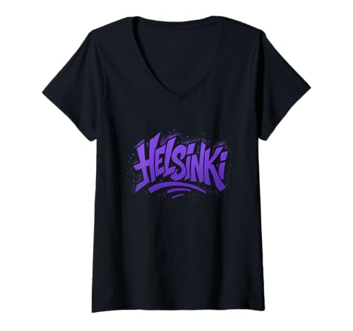 Damen Helsinki-Graffiti-Sprühfarbe, Straßenkunst, Design T-Shirt mit V-Ausschnitt Damen Helsinki-Graffiti-Sprühfarbe, Straßenkunst, Design T-Shirt mit V-Ausschnitt von Nordic City Styles