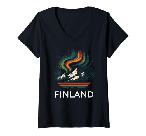 Damen Finnland Aurora Mountains Vintage Nordic Wilderness Retro T-Shirt mit V-Ausschnitt von Nordic Retro Apparel
