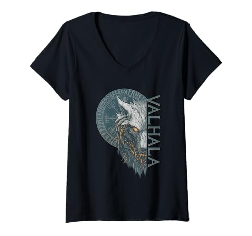 Damen Valhalla Wolf Nordisches Wikinger Design T-Shirt mit V-Ausschnitt Damen Valhalla Wolf Nordisches Wikinger Design T-Shirt mit V-Ausschnitt von Nordic Spirit Artworks