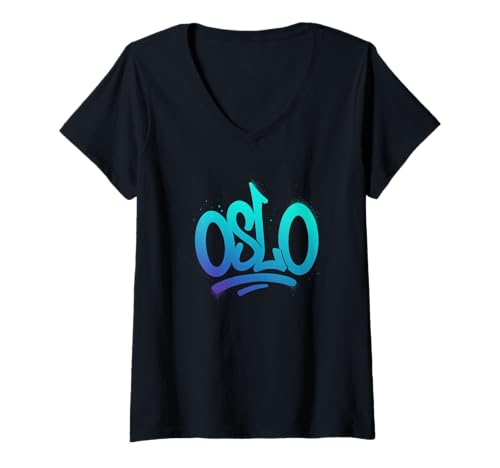 Damen Oslo-Graffiti-Schriftzug T-Shirt mit V-Ausschnitt Damen Oslo-Graffiti-Schriftzug T-Shirt mit V-Ausschnitt von Nordic Style