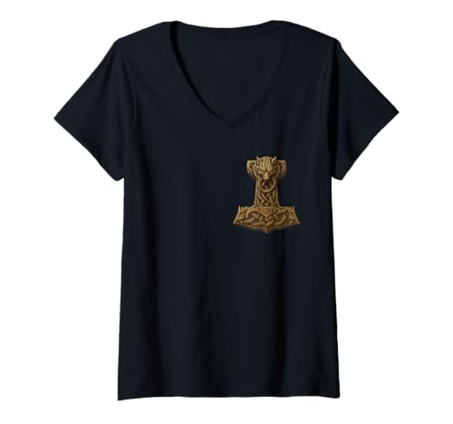Damen Nordic Viking: Thor Hammer Mjolnir Symbol T-Shirt mit V-Ausschnitt von Nordic Viking T-Shirts & Co.