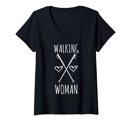 Damen Nordic Walking Geschenk Sport Lustiger Wanderausflug Spruch T-Shirt mit V-Ausschnitt von Nordic Walking Woman Bekleidung