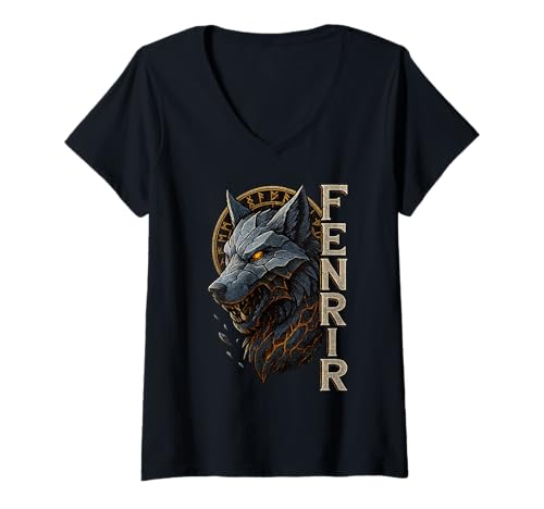 Damen Fenrir Nordischer Wolf Runenkreis Ragnarök Wikinger Viking T-Shirt mit V-Ausschnitt von Nordic Wolf Fenrir Runen Mythos Geschenke