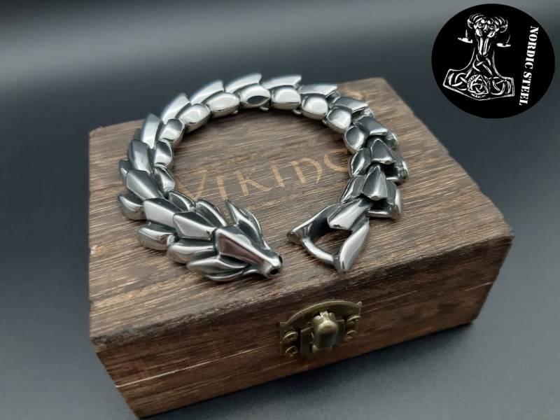 Armband Drache Edelstahl Viking Stainless Steel Wikinger Box Geschenk Idee Kostüm Midgardschlange Schlange Armreif Neu von NordicSteel