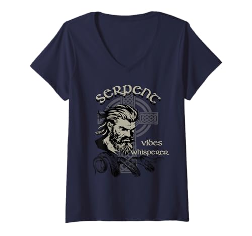 Damen Serpent Flüstert Nordic Bart Energie Runen Stil T-Shirt mit V-Ausschnitt Damen Serpent Flüstert Nordic Bart Energie Runen Stil T-Shirt mit V-Ausschnitt von Nordisch Mythisch Retro Männerstil
