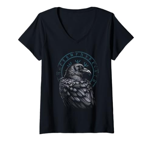 Damen Valhalla Schwarzer Rabe Nordische Mythologie Wikinger T-Shirt mit V-Ausschnitt von Nordische Götter Schwarzer Rabe Wikinger Viking