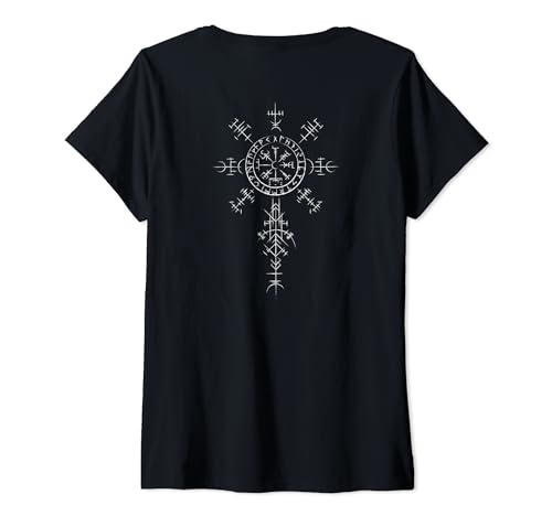 Damen Keltischer Vikinger Vegvisir Kompass Wikinger (on back) T-Shirt mit V-Ausschnitt von Nordische Mythologie Vikinger Runen Symbole Design