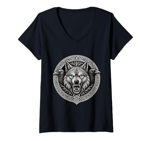 Damen Fenrir Wolf mit Odins Raben Hugin und Munin Wikinger Runen T-Shirt mit V-Ausschnitt Damen Fenrir Wolf mit Odins Raben Hugin und Munin Wikinger Runen T-Shirt mit V-Ausschnitt von Nordische Mythologie Wikinger Symbole & Valhalla