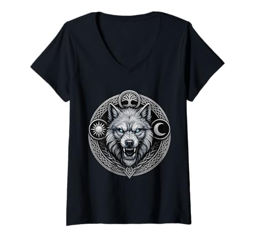Damen Fenrir Wolf mit Sonne Mond und Yggdrasil Wikinger Emblem T-Shirt mit V-Ausschnitt Damen Fenrir Wolf mit Sonne Mond und Yggdrasil Wikinger Emblem T-Shirt mit V-Ausschnitt von Nordische Mythologie Wikinger Symbole & Valhalla