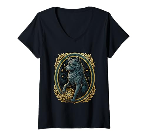 Damen Nordischer Wolf Helm der Ehrfurcht Aegishjalmu Runen Vikings T-Shirt mit V-Ausschnitt Damen Nordischer Wolf Helm der Ehrfurcht Aegishjalmu Runen Vikings T-Shirt mit V-Ausschnitt von Nordische Mythologie Wikinger Symbole & Valhalla