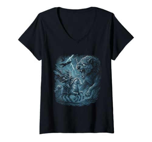 Damen Odin auf Sleipnir gegen Fenrir Ragnarök Gungnir Nordische T-Shirt mit V-Ausschnitt von Nordische Mythologie Wikinger Symbole & Valhalla