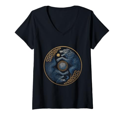 Damen Sköll und Hati Yin Yang Sonne Mond Nordischer Runenkreis T-Shirt mit V-Ausschnitt Damen Sköll und Hati Yin Yang Sonne Mond Nordischer Runenkreis T-Shirt mit V-Ausschnitt von Nordische Mythologie Wikinger Symbole & Valhalla