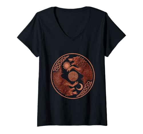 Damen Sköll und Hati Yin Yang Sonne Mond Nordischer Runenkreis T-Shirt mit V-Ausschnitt Damen Sköll und Hati Yin Yang Sonne Mond Nordischer Runenkreis T-Shirt mit V-Ausschnitt von Nordische Mythologie Wikinger Symbole & Valhalla