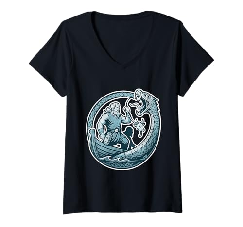 Damen Thor gegen Jörmungandr Midgardschlange Ragnarök Mjölnir T-Shirt mit V-Ausschnitt Damen Thor gegen Jörmungandr Midgardschlange Ragnarök Mjölnir T-Shirt mit V-Ausschnitt von Nordische Mythologie Wikinger Symbole & Valhalla