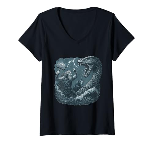 Damen Thor gegen Jörmungandr Midgardschlange Ragnarök Mjölnir T-Shirt mit V-Ausschnitt Damen Thor gegen Jörmungandr Midgardschlange Ragnarök Mjölnir T-Shirt mit V-Ausschnitt von Nordische Mythologie Wikinger Symbole & Valhalla